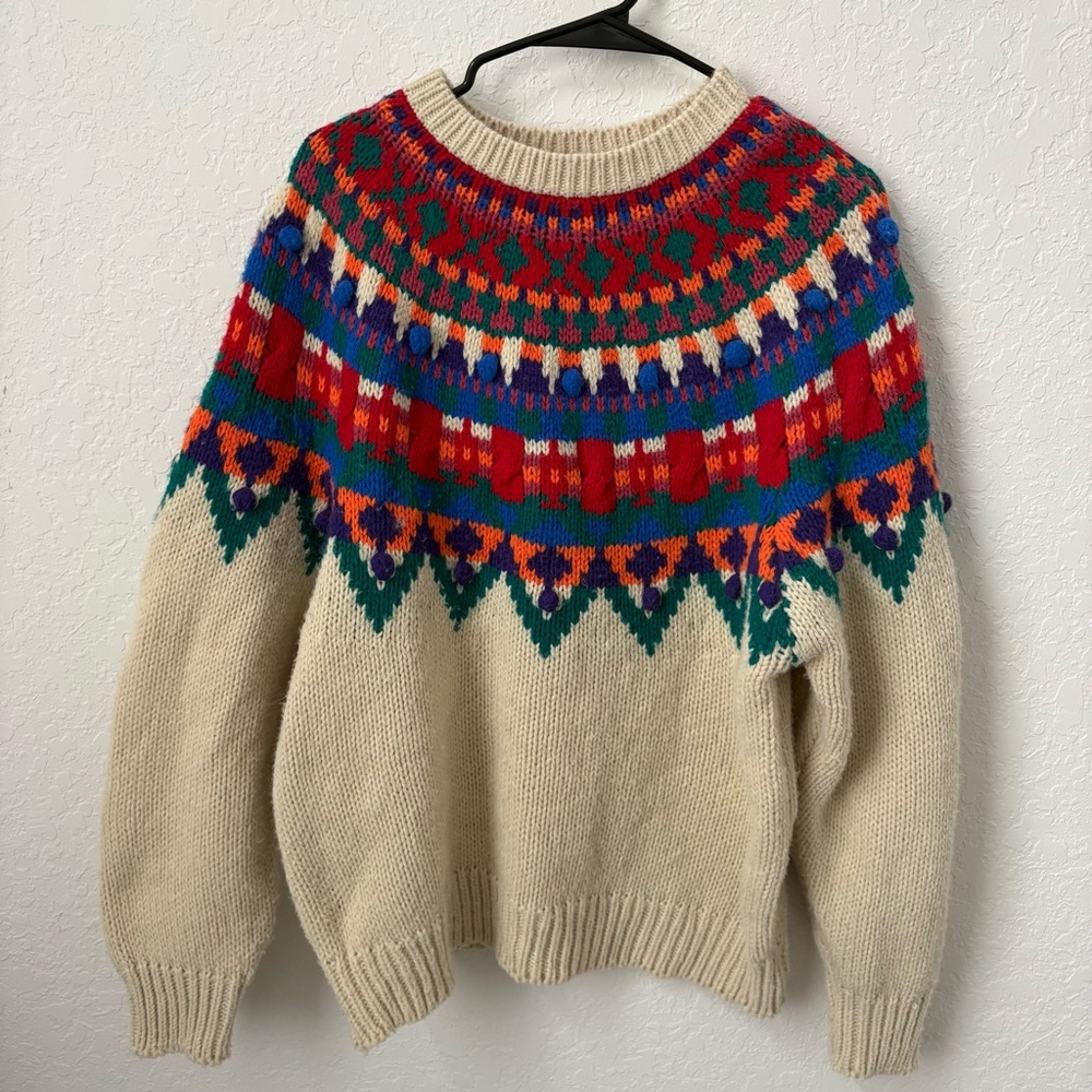 IVY Hand Knit Sweater with Multicolor Pattern, Size Medium